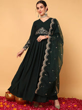 Women Green Georgette Embroidered Zari Work Flared Kurta with Dupatta